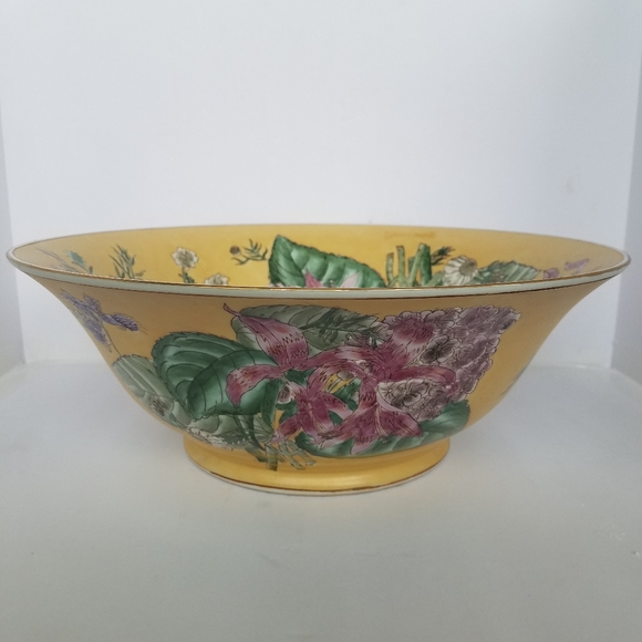 Vtg Oriental Accent Large Porcelain Bowl 13” Decorative Floral Yellow - Picture 7 of 12